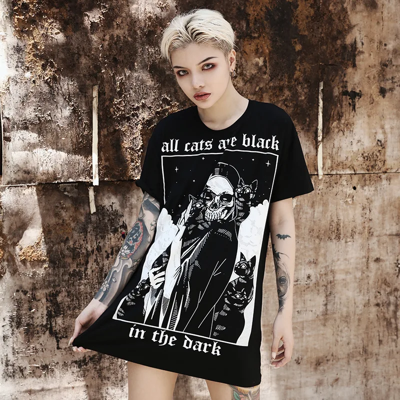 Zj0720 Women Loose Black T-shirts Gothic Grunge Punk Harajuku 