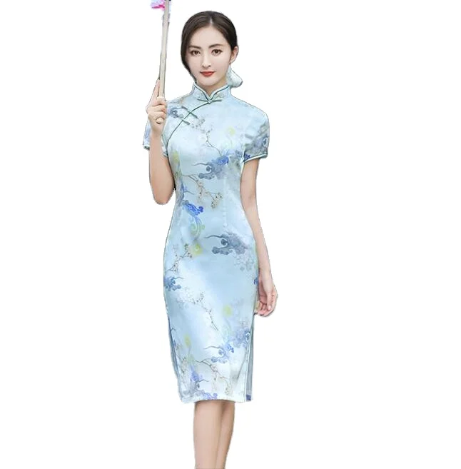 

ecowalson Chinese Cheongsam Summer Traditional Wedding Qipao Woman Embroidery Elegant Split DressFloral Bodycon Cheongsam