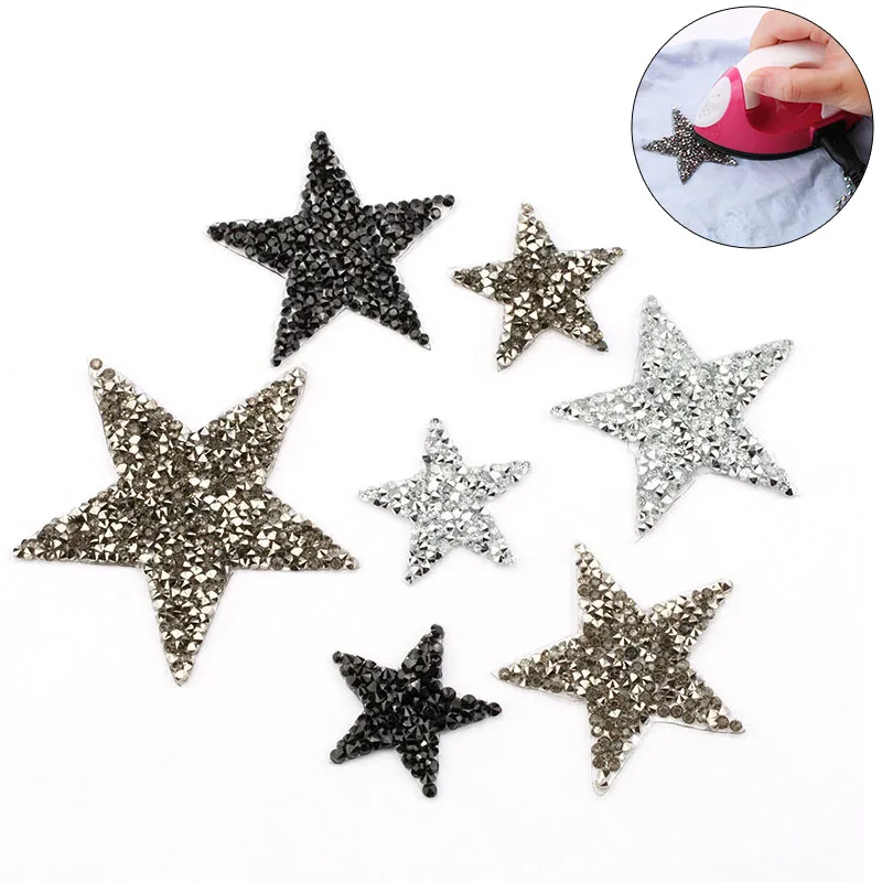 

4/6/8cm Hotfix Jet Hematite Star Rhinestone Mixed Embroidered Iron On Patch For Clothing Badge Paste For Clothes Bag Pant Shoes