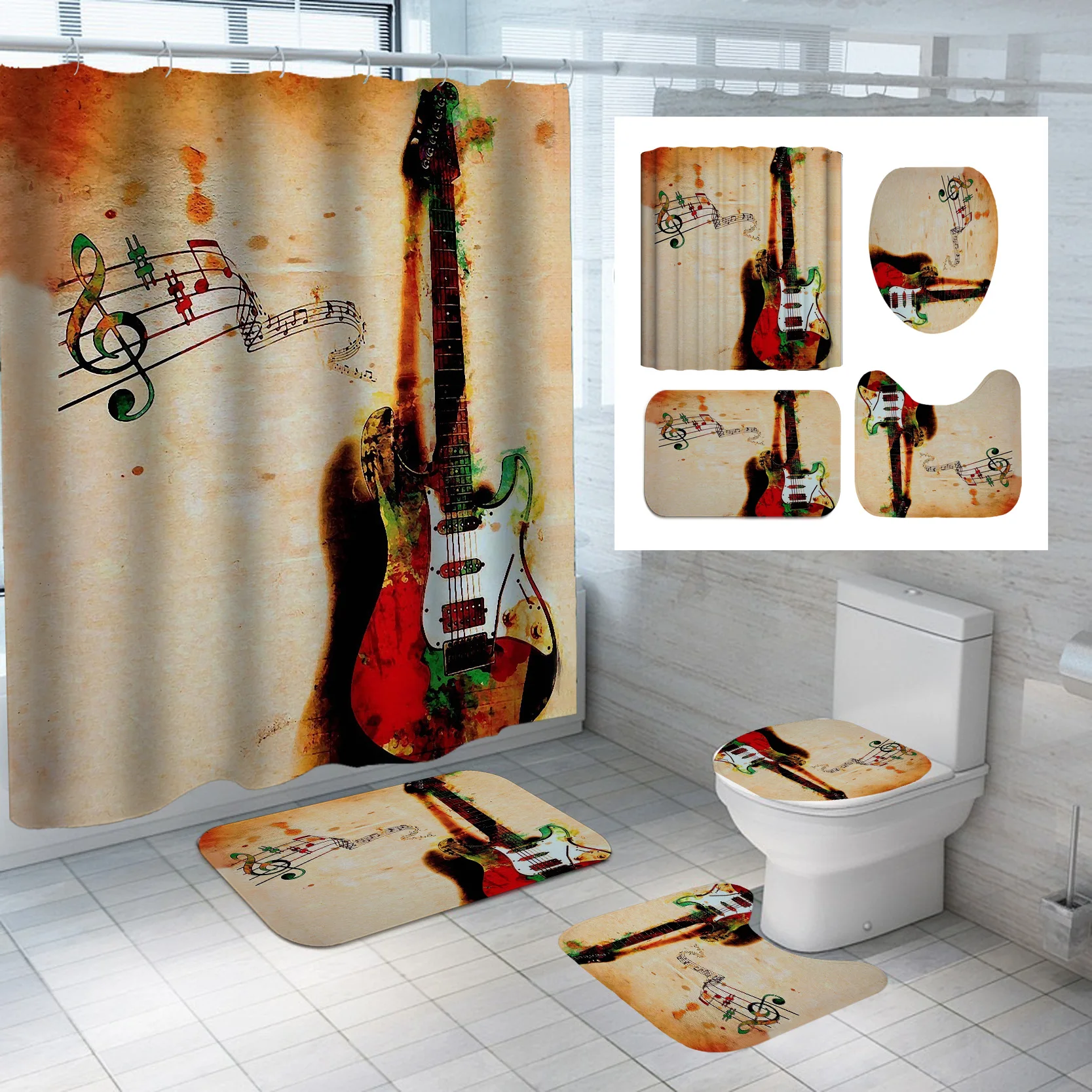 

2021 Modern artist design fire guitar printing household bathroom washable shower curtains, Customized color