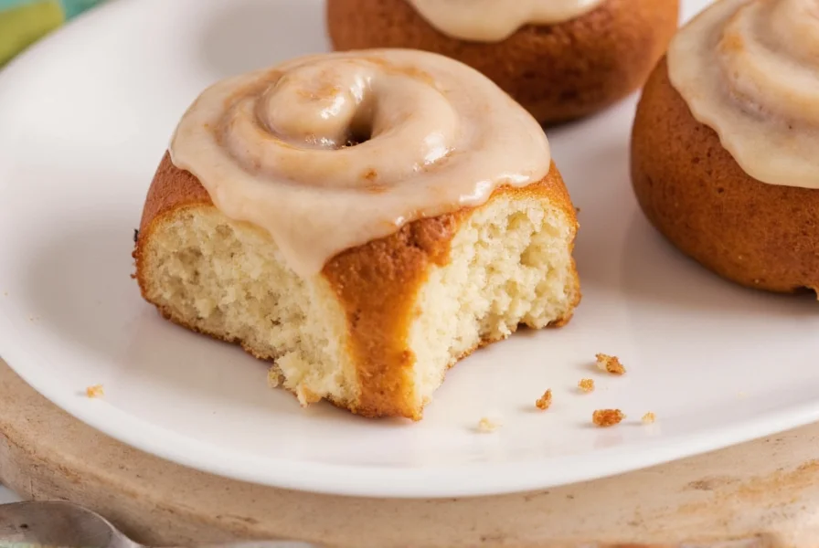Close-up of perfect cinnamon roll glaze drizzling over warm cinnamon rolls with visible texture and shine