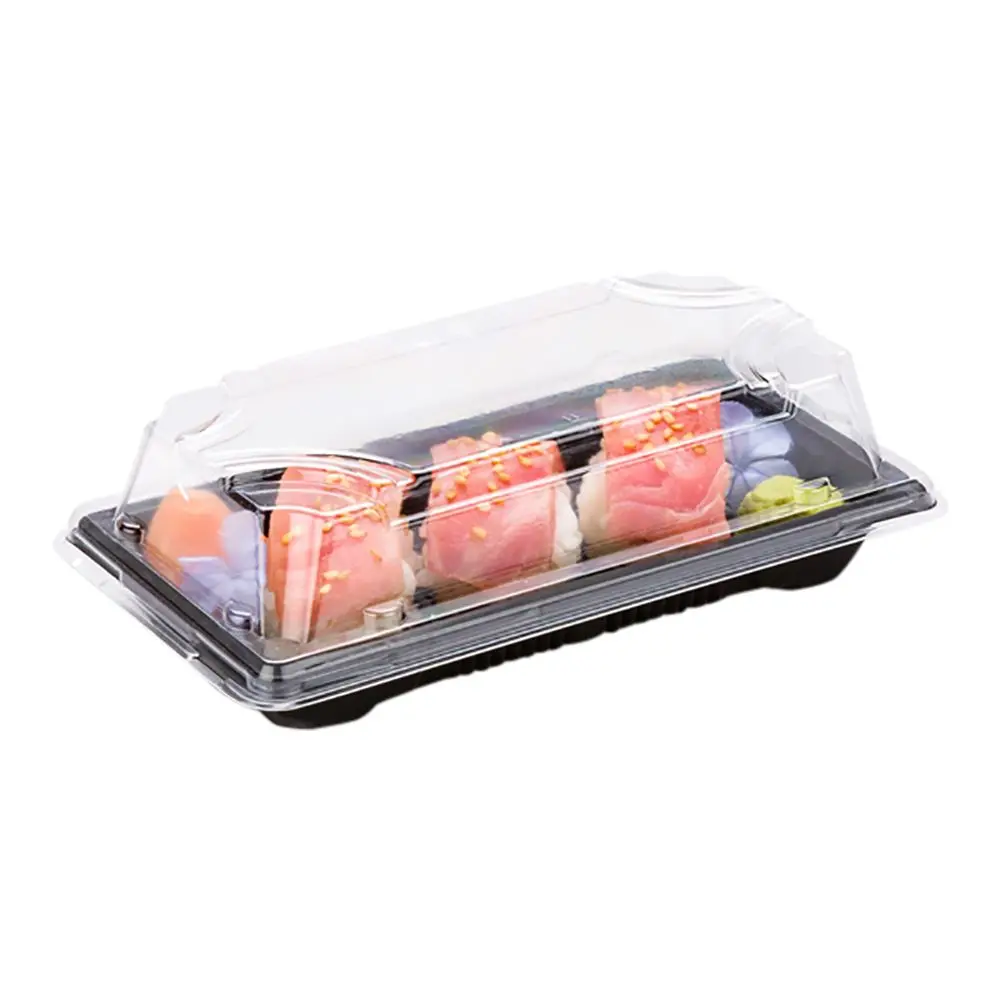 

Wholesale Rectangle Type Disposable Japanese Takeaway Series Biodegradable PLA Sushi Tray with Clear Transparent Lid, Black or customized