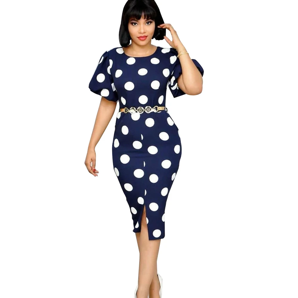 New Fashion Women Plus Size Summer Bodycon Office Split Midi Dress with Belt