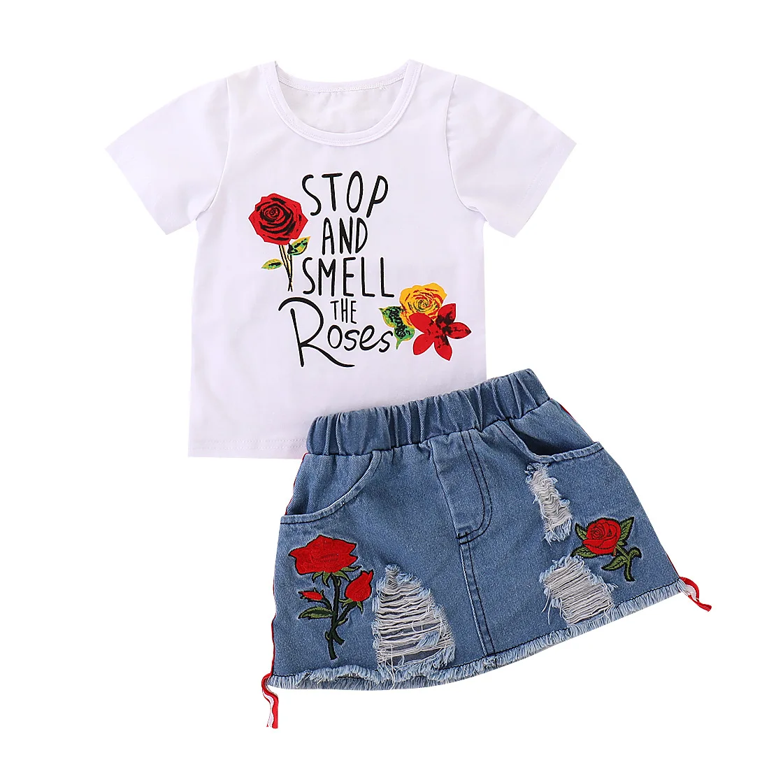 

Wholesale Summer Denim Suit Rose Top And A-Line skirts Princess Outfits Baby Kids Girls Clothing Sets, Photo showed and customized color