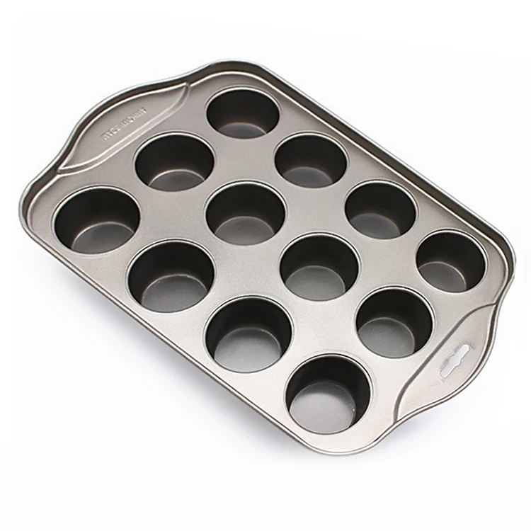 

New Trending Eco-friendly Kitchen Gadgets Nonstick 12 pcs Round Bottom Mini Muffin Mold DIY Paper Cup Cake Baking Tray, Grey