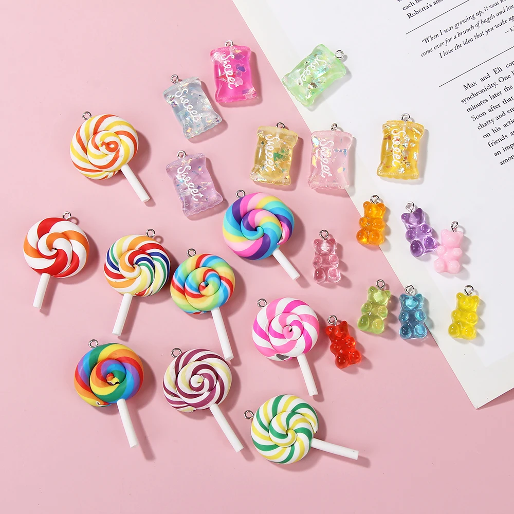 

24Pcs Kawaii Mix Bear Candy Lollipop Resin Charms Pendant For DIY Jewelry Necklace Earring making, Picture