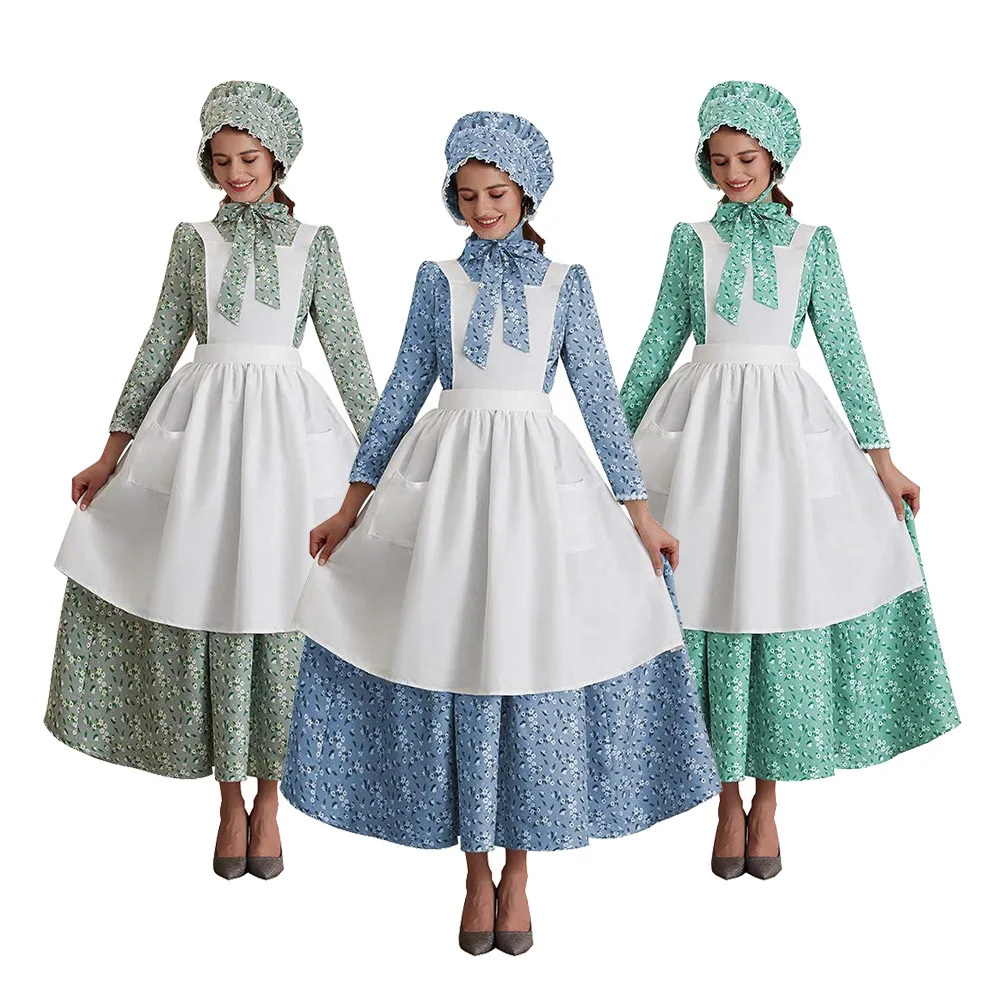 

Womens Girls American Pioneer Costume Dress Historical Modest Prairie Colonial Floral Dresses Maid Dresses Costume