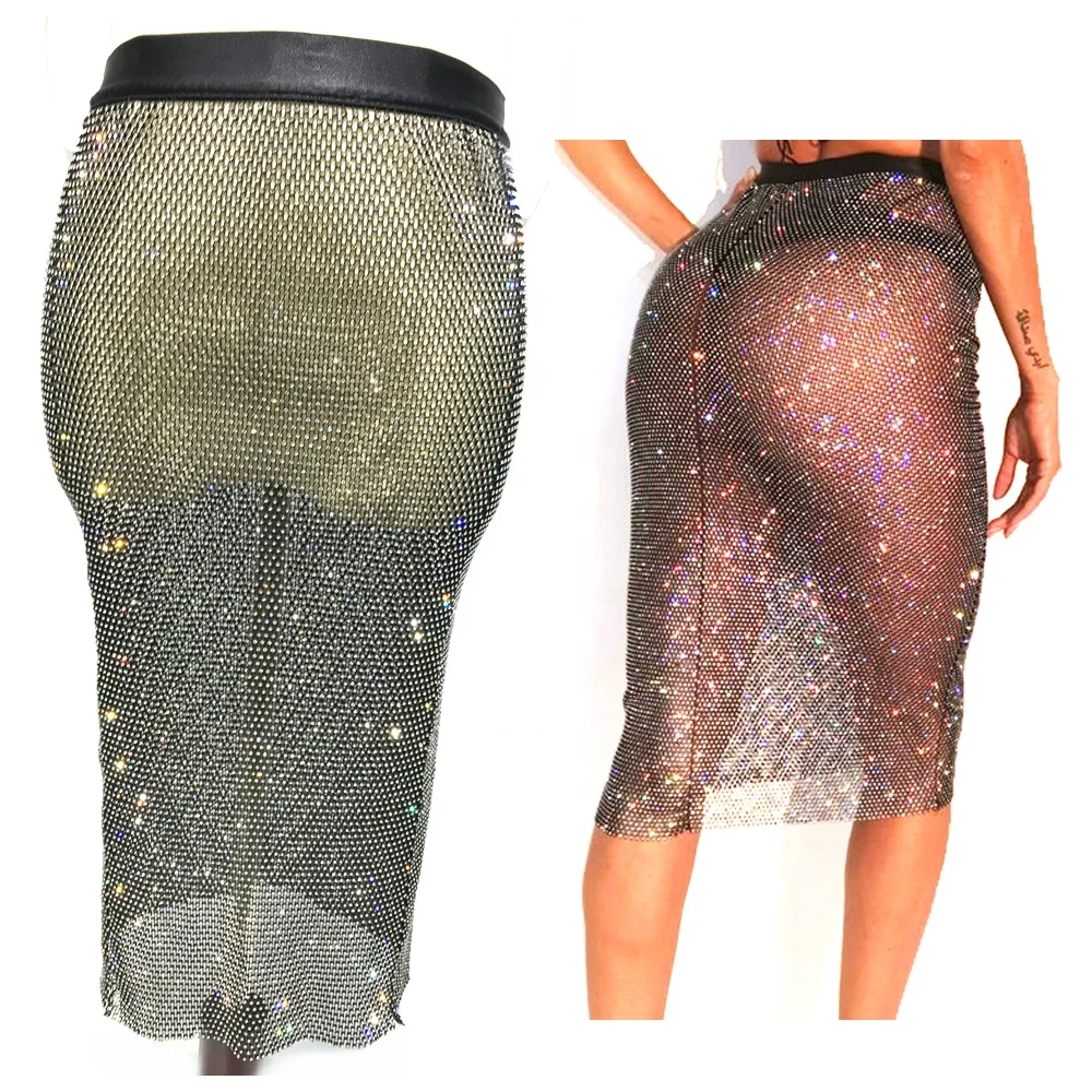 

C026 Women's Sexy dress rhinestone diamond Mesh Party Club wear Dress See Through Skirt new clothes, Black ,white