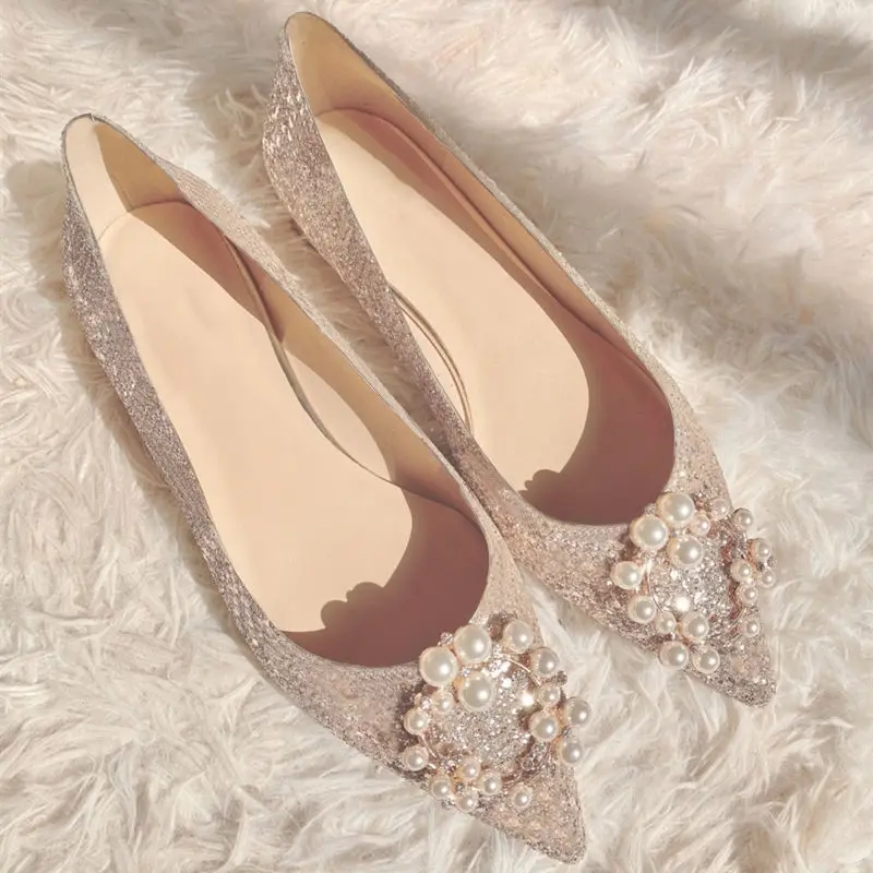 

TX New 2021 big size rhinestone pearl pointed bridesmaid low heel shallow saliva sparkly single silver bridal shoes flat, Customized color
