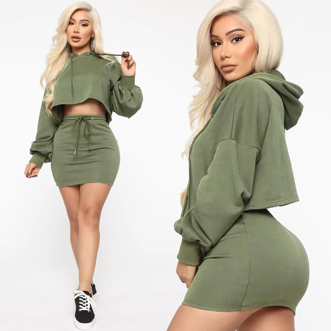 

HJ Top selling New arrivals 2021 sexy hooded solid color long sleeves two piece skirt set, Customized color