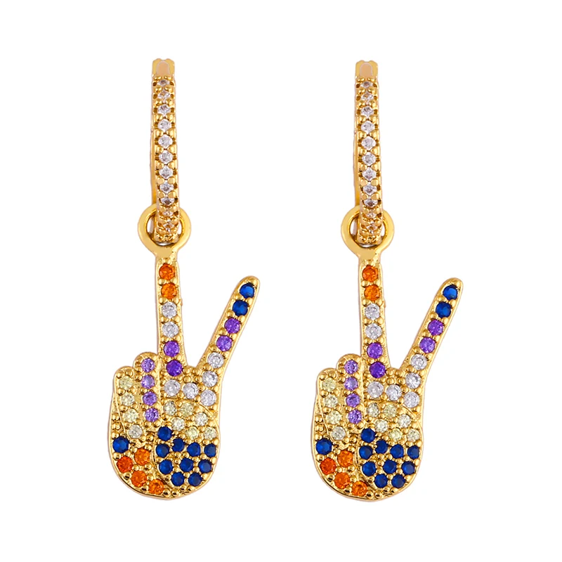 

Rainbow Pave Drop Earrings Victory Gesture Rainbow Huggie Earring Woman Gold Filled Jewelry Cubic Zirconia Earrings, Picture