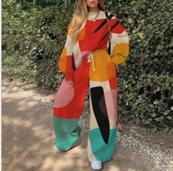 

2021 Autumn Fashion OEM/ODM Plus Size Leisure Color Block Abstract Painted Outfit Loose Long Sleeve Fat Women 2 Two Piece Set, 9 colors