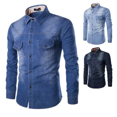 

High Quality Men's Denim Long Sleeve Shirt Brand Clothing Male Slim Fit Shirts Denim Workwear Men Jeans Shirt, Navy black blue