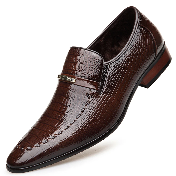

Fashion luxury fish pattern business dress genuine mens leather brown plus velvet formal shoes
