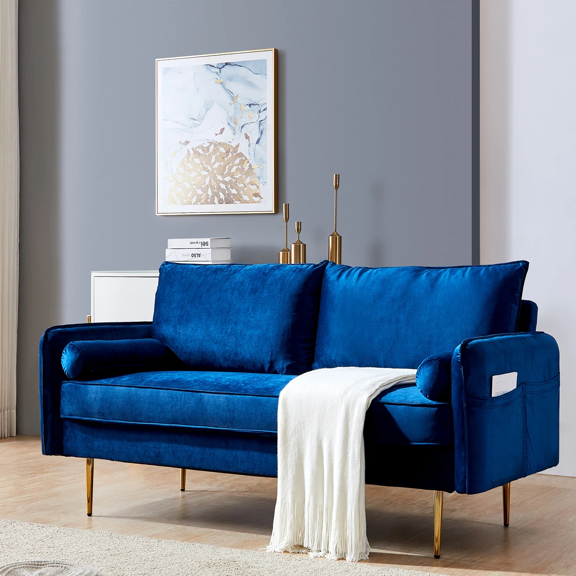 

Soft Tufted Velvet Upholstered Sectional Sofa Chaise, 4 Seater Couch with 2 Lumbar Pillows for Living Room, Blue