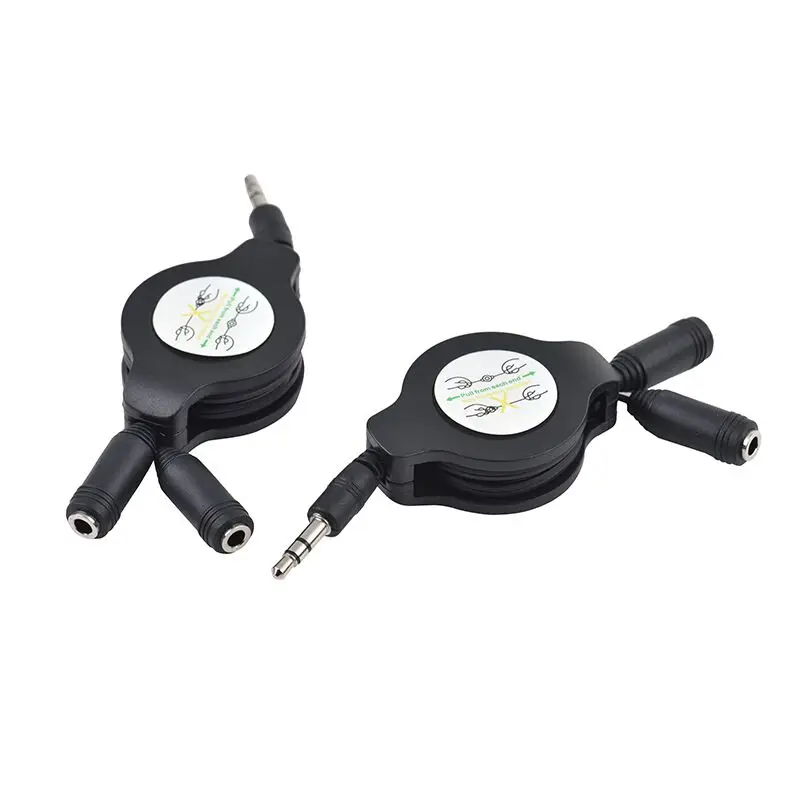 

1m/3.3ft retractable 3.5mm male to double 3.5mm male audio stereo cable, Balck