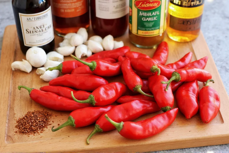 Fresh red chili peppers, garlic cloves, vinegar bottles, and spices arranged on wooden cutting board for homemade chili sauce recipe