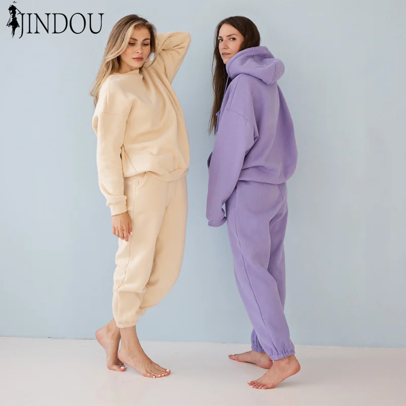 

Custom OEM New fashion solid color hoodie thicken casual two-piece set women's sweatshirts, Picture color