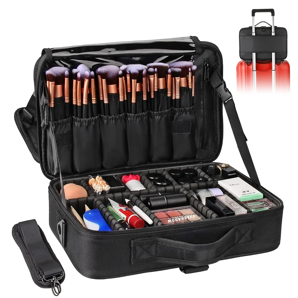 

Dropshipping Relavel Professional Black Medium Train Case Brush Organizer Travel Artist Box 3 Layer Adjustable Strap Makeup Case