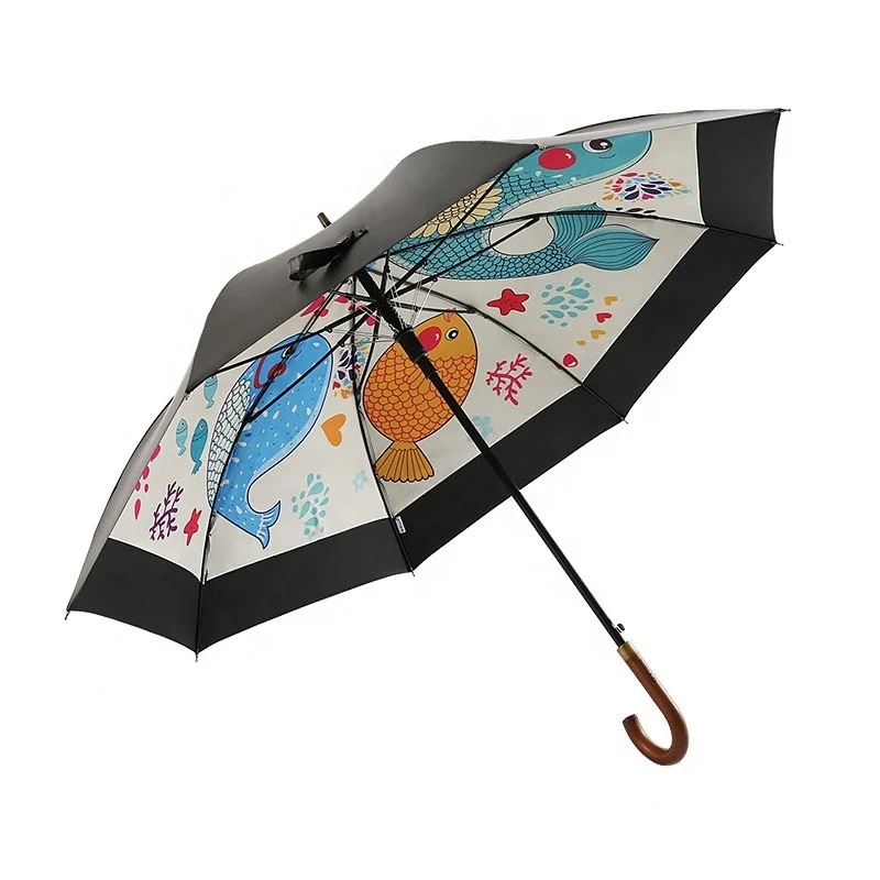 

Wholesale high quality large size double layer windproof carved wooden handle umbrella, As shown/accept customized color