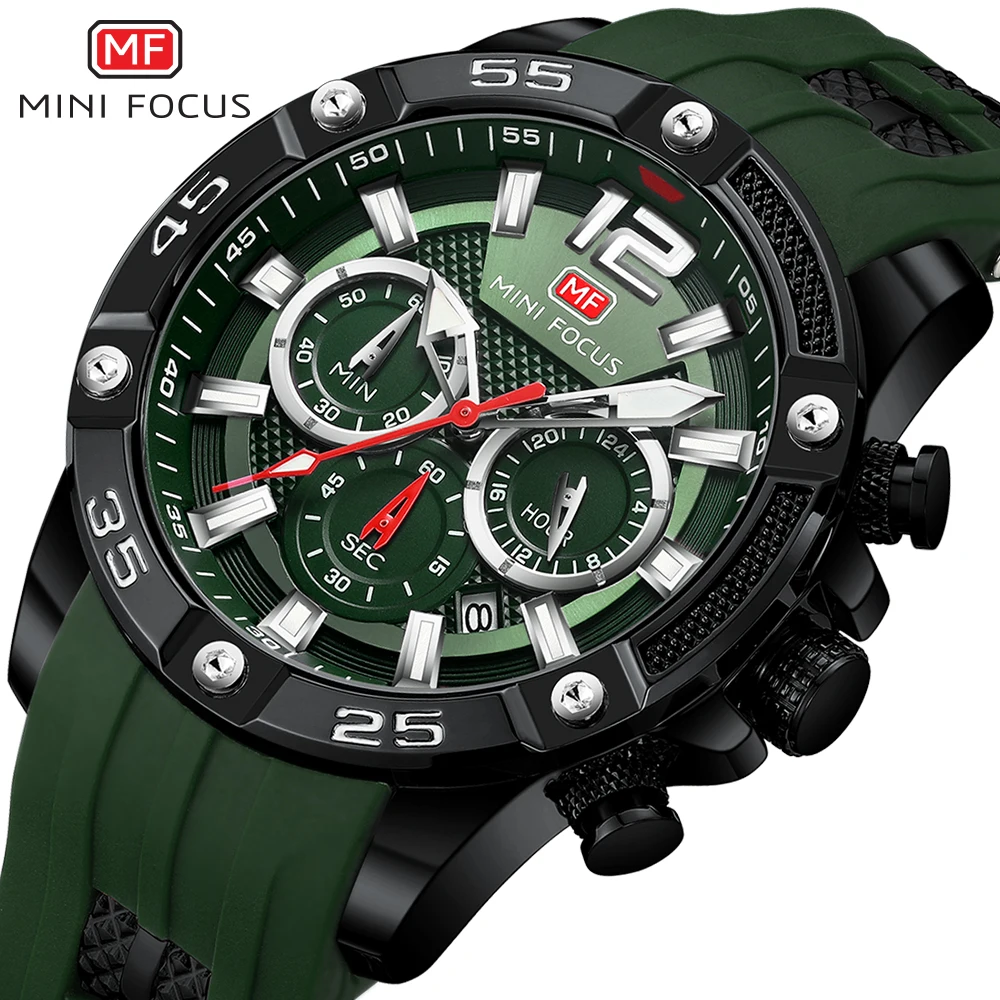 

MINI FOCUS 0349 New Mens Chronograph Watches Luxury Army Sports Watch Men Green Silicone Strap Quartz Watches Relogio Masculino, Black/silver