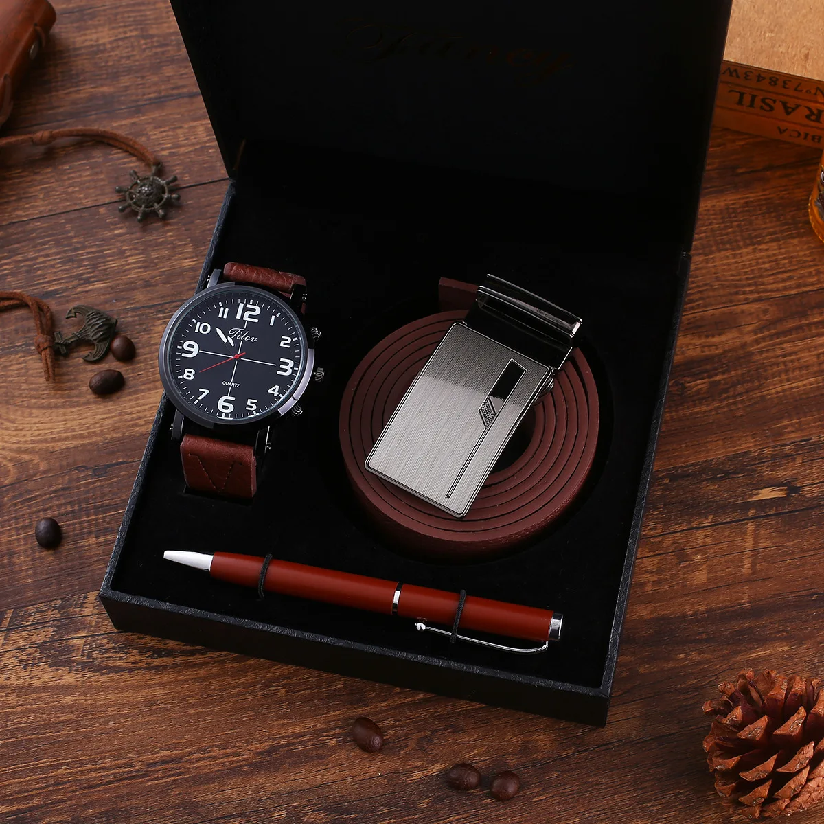 

Fashion Luxury Men custom logo luxury men 3pcs/set watch for men set include watch,belt pen design Gift box packaging, Multiple color options