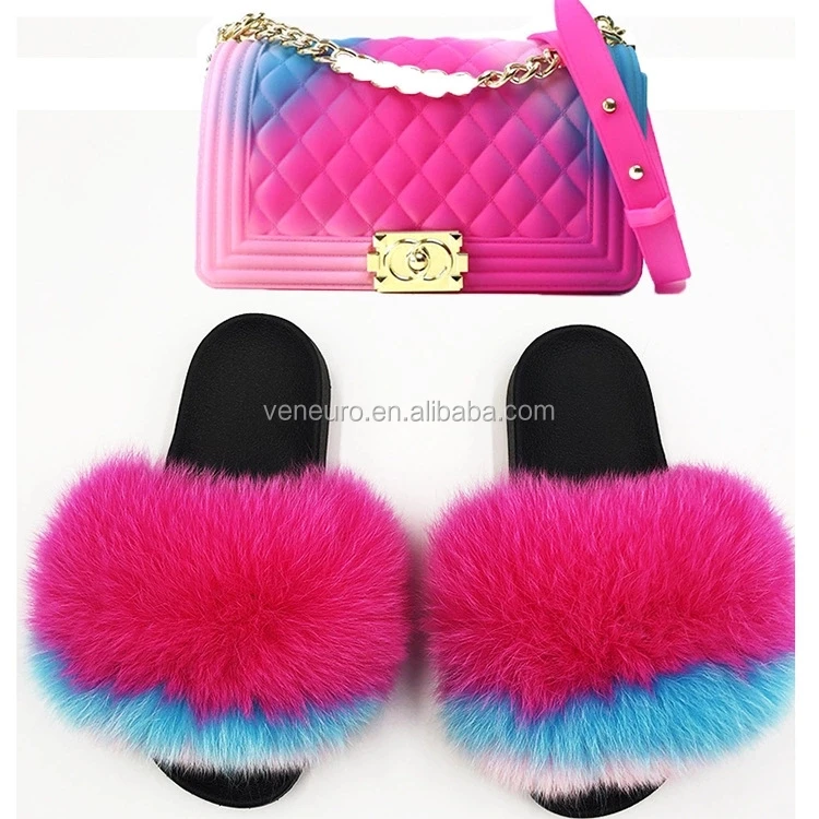 

2020 fashion factory customized latest design wholesale women fox fur slides customize jelly purse with fur sandals matched, Customized color