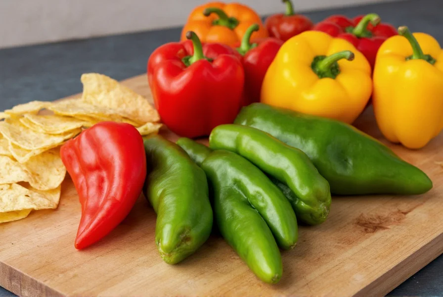 Colorful bell peppers and jalapeños arranged on cutting board with tortilla chips and cheese