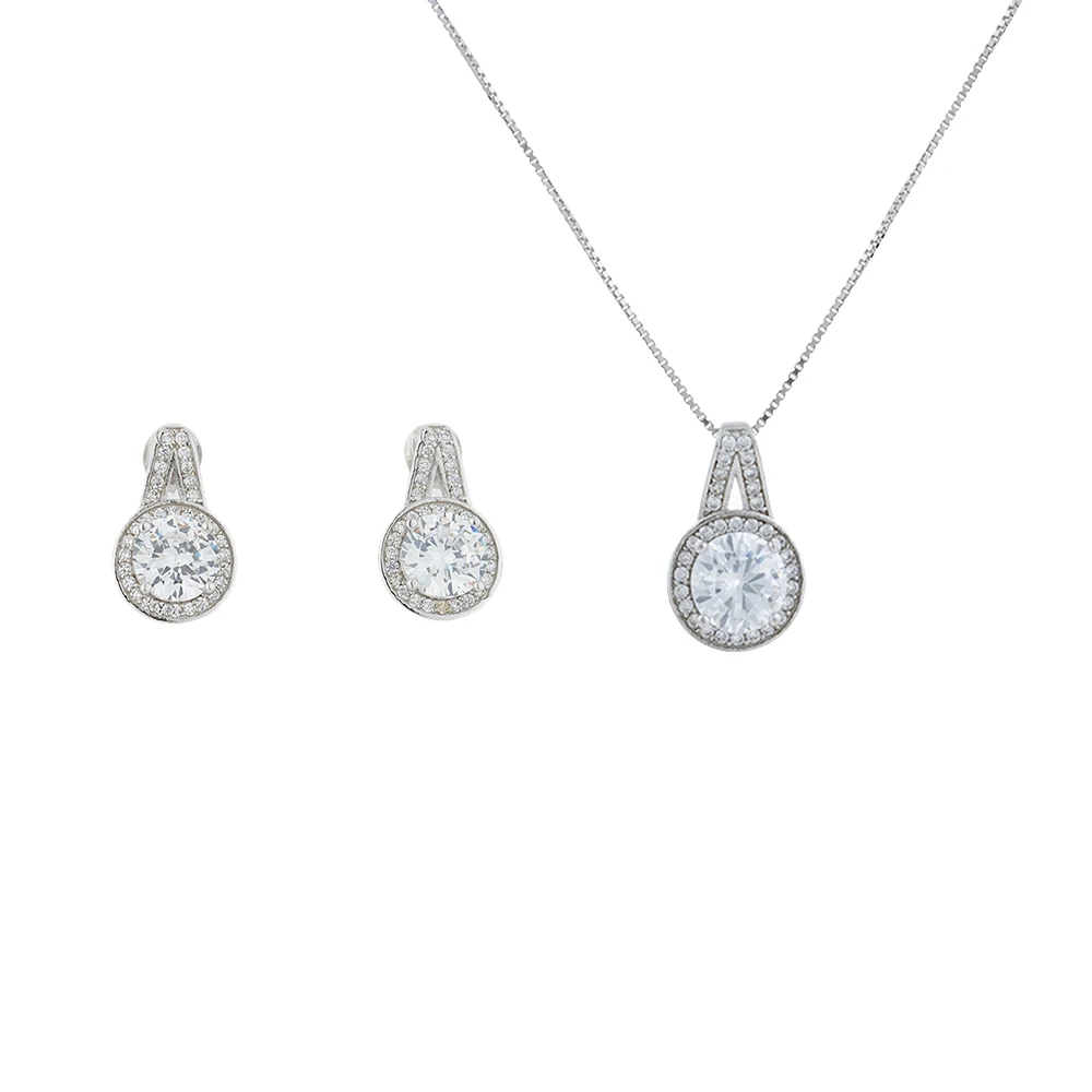 

Round Halo Necklace Pave Earrings 925 Sterling Silver Luxury Designer Zirconia Jewelry Sets