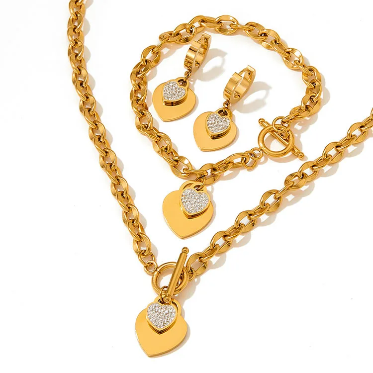 

G2053 Gold Plated Stainless Steel dubai Jewelry Sets OT Buckle Heart Zircon Pendant Necklace Bracelet Earrings Sets for Women