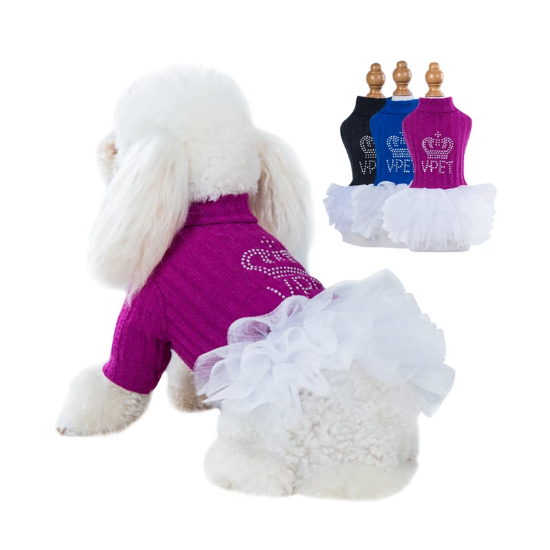 

Small pet dog princess dress with diamond printing, 3 colors