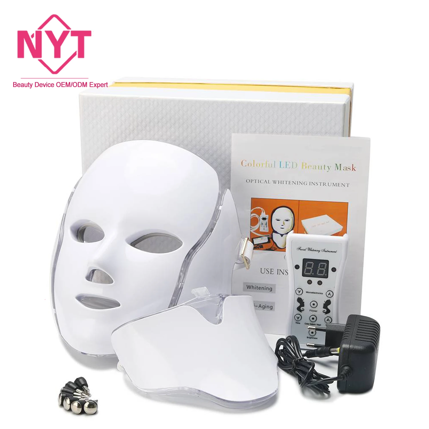 

2021 Newest Korea Pdt Technology Blue Red Treatment Acne Reduction Photon Facial Skin Care 7 Color Light Therapy Led Face Mask, White/gold