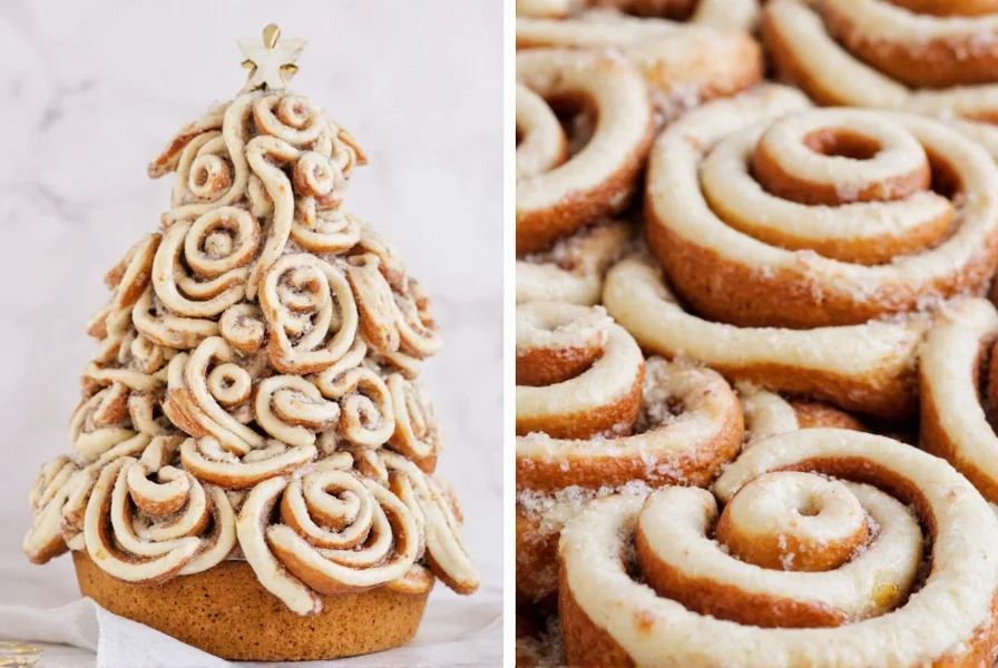 Finished cinnamon roll Christmas tree with cream cheese glaze drizzled over golden brown rolls arranged in perfect Christmas tree shape