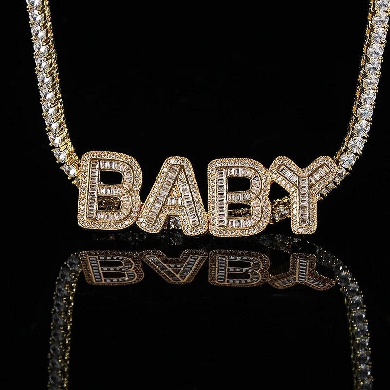 

Hip Hop Baguette Initial Pendant Personalized Name Necklaces Diamond Bling Custom Name Necklace, Silver / gold