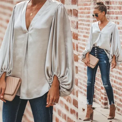 

Elegant Office Womens Tops and Blouses Lantern Sleeve V-Neck OL Work Women Blouses 2021 Long Sleeve Streetwear Solid Tee Coldker, As shown on picture