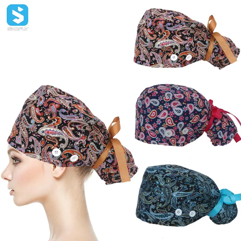 

New Printed Lace Adjustable Doctor Surgical cap Medical Scrubs Caps Nurse scrub caps long hair for women, As picture shows