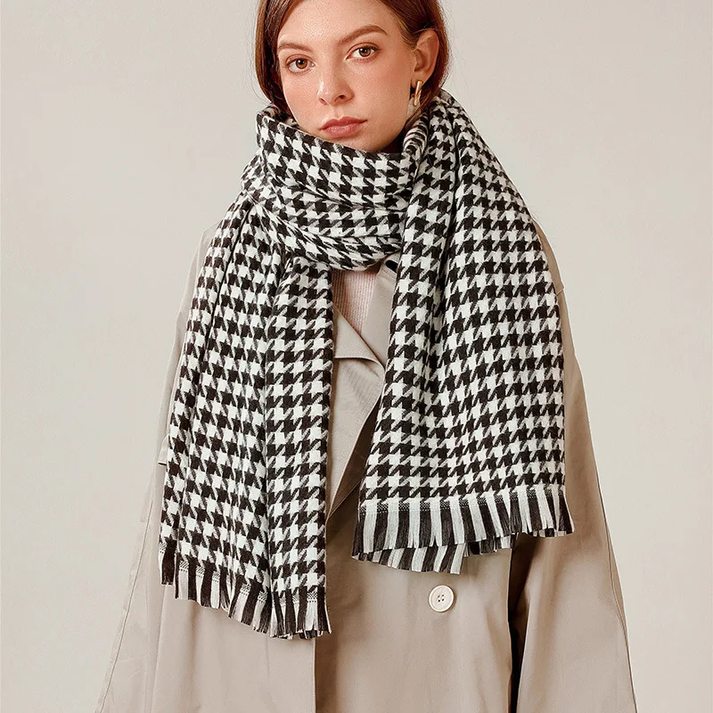 

Winter Long Soft Warm Houndstooth Knitted Scarf Wraps For Women High Quality Polyester Tassel Scarves Shawl