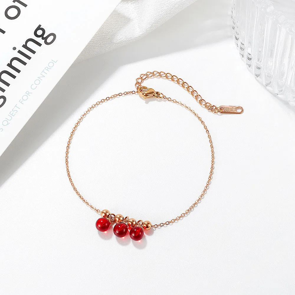 

fashion red crystal adjustable beaded anklet Titanium Steel Gold Plated Red Beaded Foot Chain Women Anklet, As pictures
