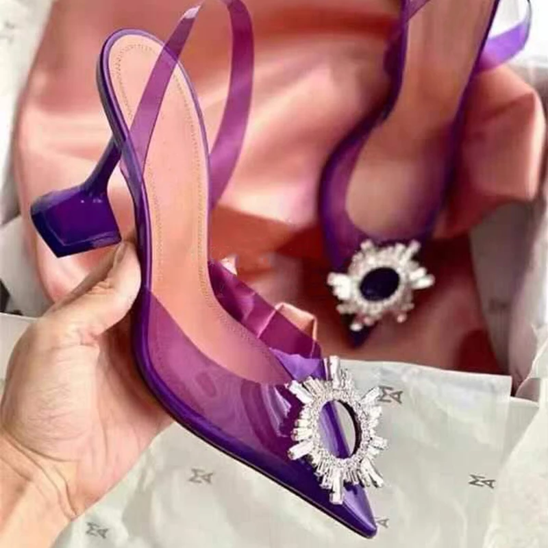 

The manufacturer generation hair net red pointed transparent sandals female summer 2021 new water diamond sexy baotou jelly heel