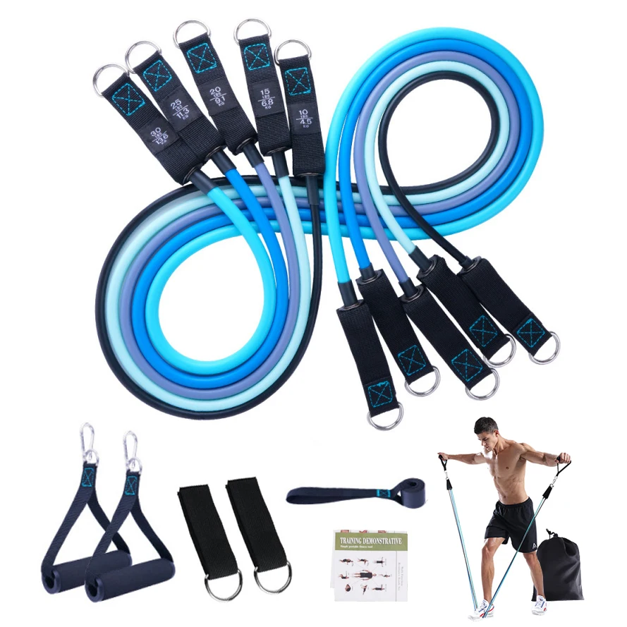 

Wholesale 11pcs Fitness Handles Workout Blue Elastic Exercise Bands Latex Resistance Tubes Set, Blue gradient, pink gradient, 5 colors