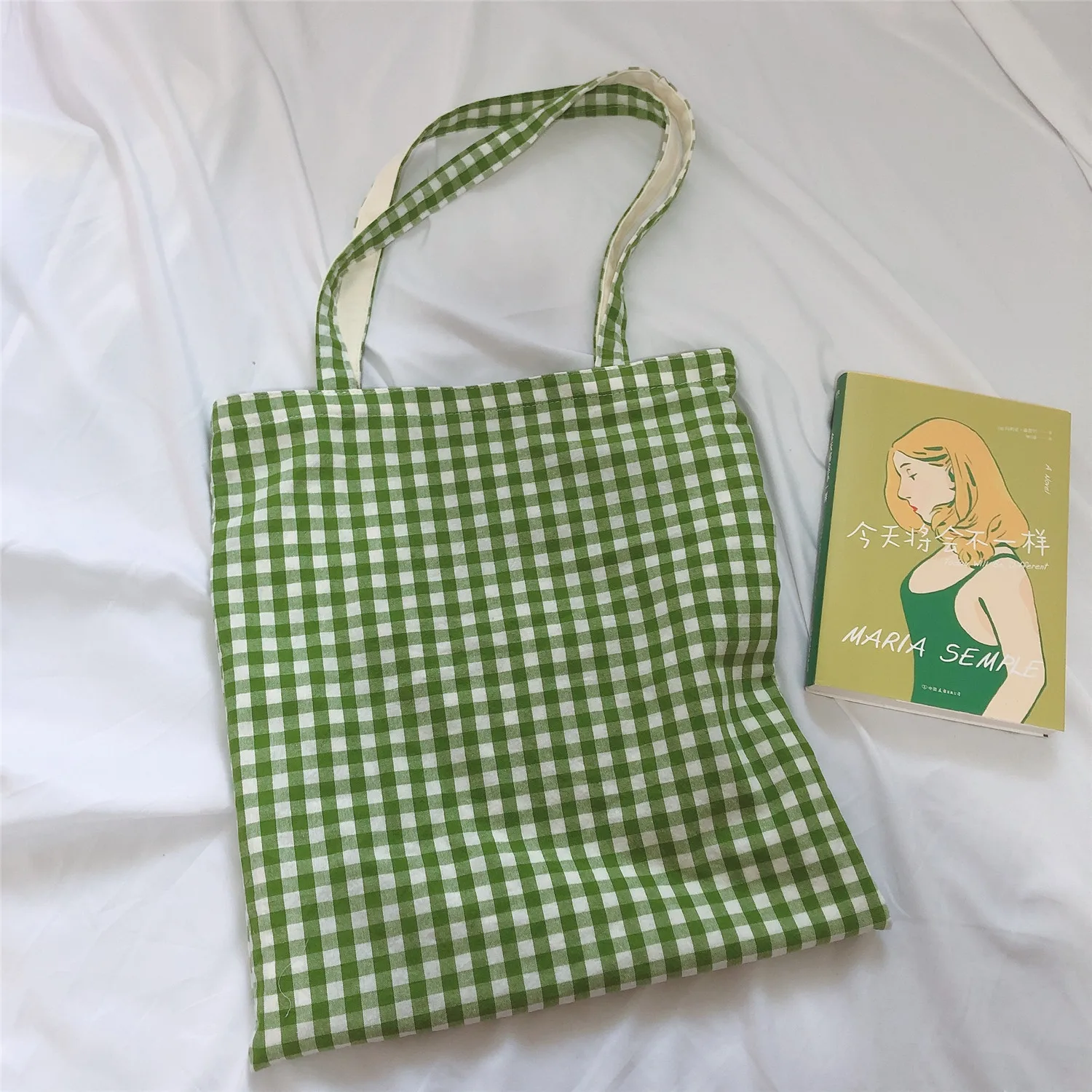 

Promotional Personalized Plaid Organic Cotton Reusable Shopping Bag Heavy Duty Fresh Linen Purse Girl Student Shoulder Bag, Customizable