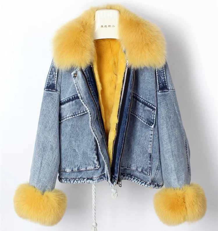 SF0541 New Style Jacket with Real Fur Collar Women Bat Sleeve Fox Fur Denim Coat