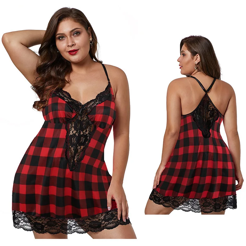 

Women's Plus Size Sexy Lace Deep V-Neck Temptation Lingerie Chemise Full Slips Babydoll Modal Sleepwear