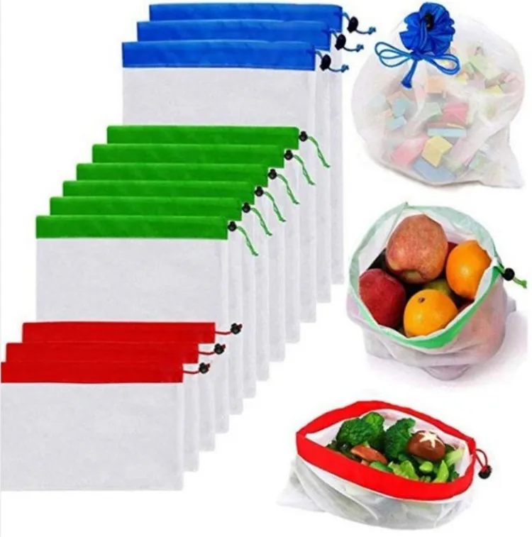 

H162 12pcs / Set Washable Grocery Organizer Durable Storage Bags Shopping Fruit Vegetable Reusable Mesh Bag Set, Multi colour