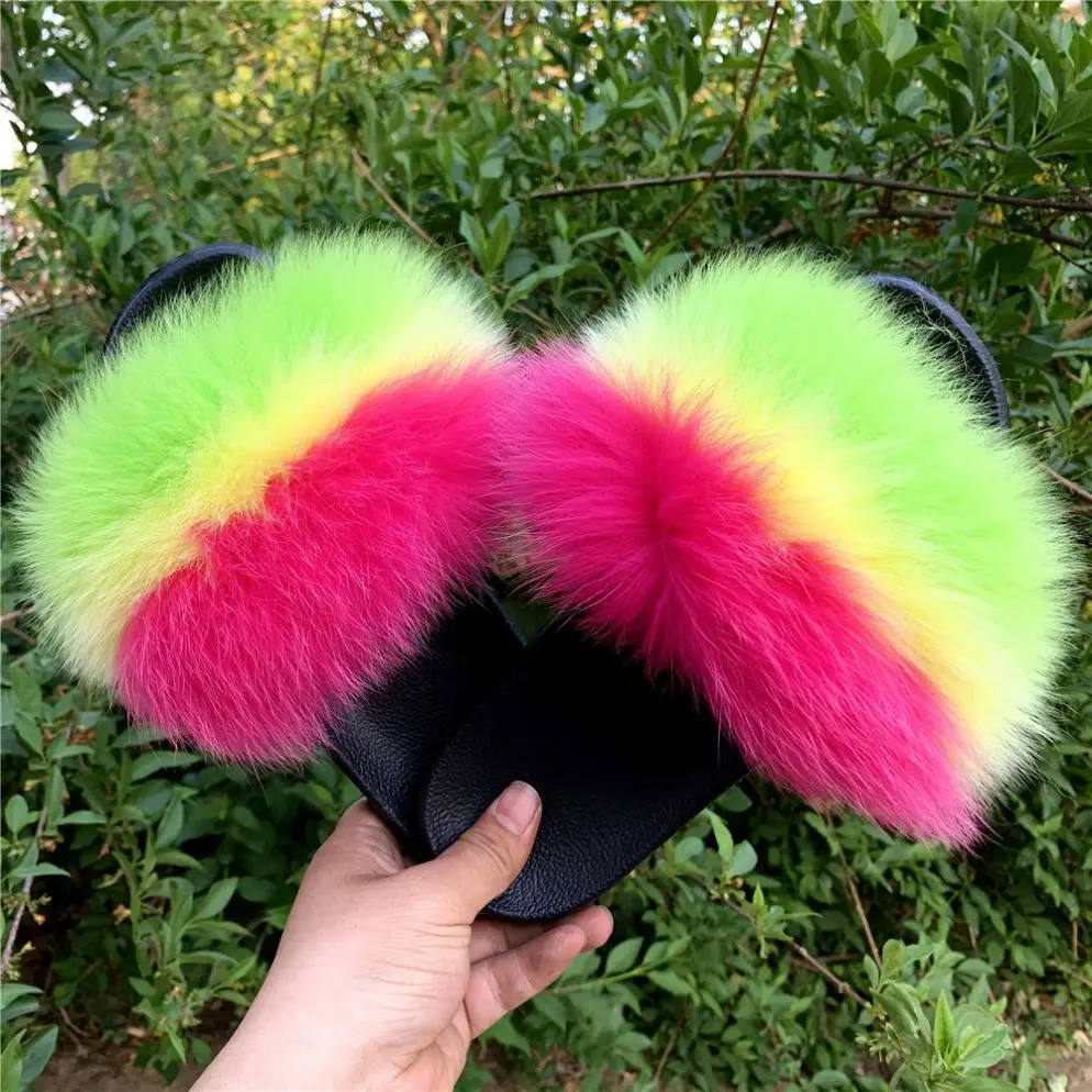 

Wholesale Price Real Big 100% Fur Slippers Fluffy Flush Soft Fox Raccoon Fur Outdoor Sandals Slides For Women's Slippers, As picture show or customized