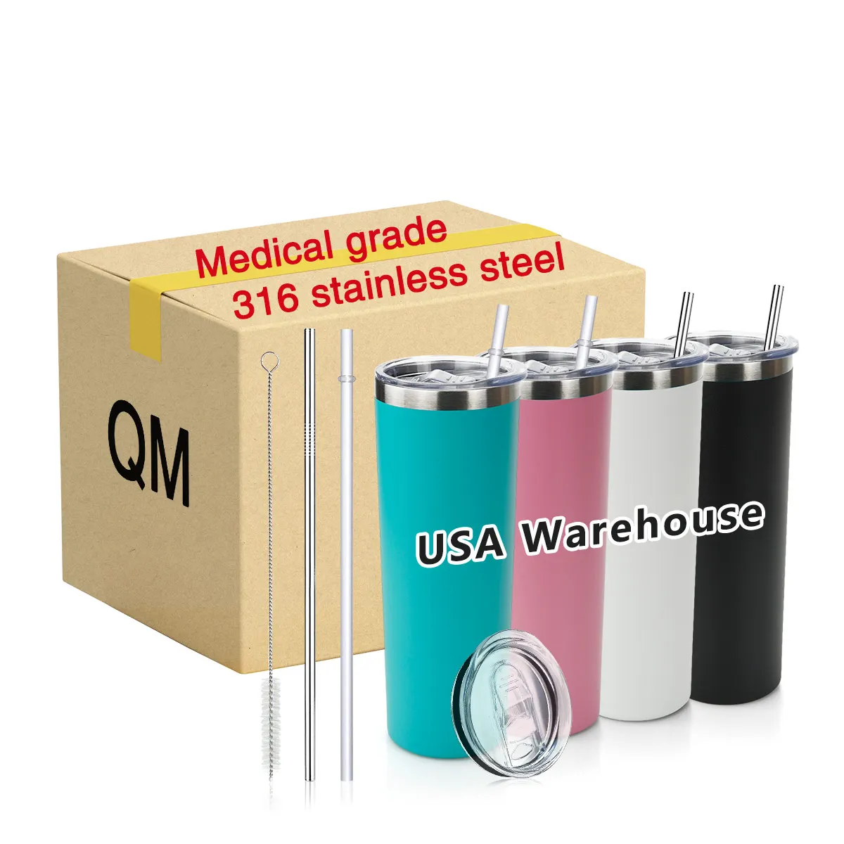 

316 Medical Stainless Steel Water Tumbler Cups Sets US Warehouse Free Shipping Matte 20oz Skinny Tumblers With lid and Straw, White,black,pink,light green