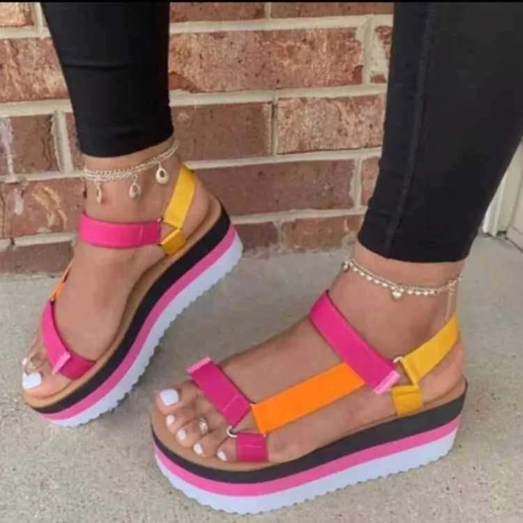 

Bright color sandals women 2021 summer new beach shoes thick-soled casual sports shoes flat sandals