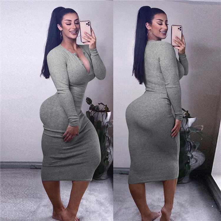 Lowest Price 2021 New Arrivals Sexy Women Fashion Clothing V Neck Long Sleeve Solid Color Long Dress Maxi Dresses