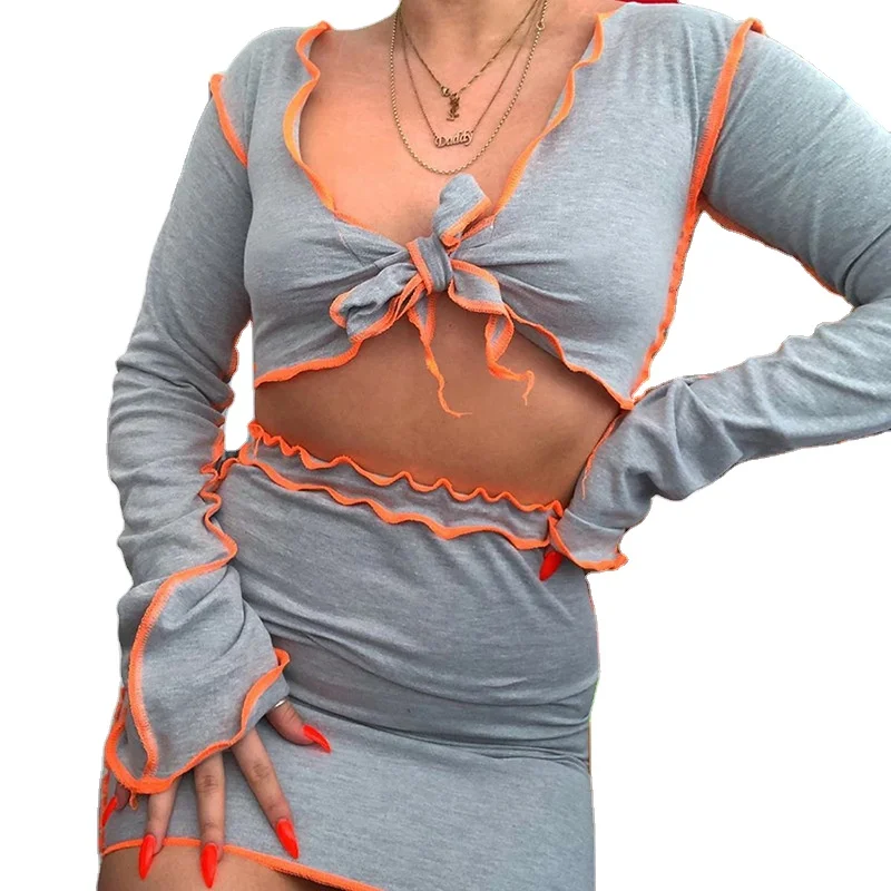

2020 New arrival women sexy v-neck long sleeve top bra and skirt two piece set women ladies clothing