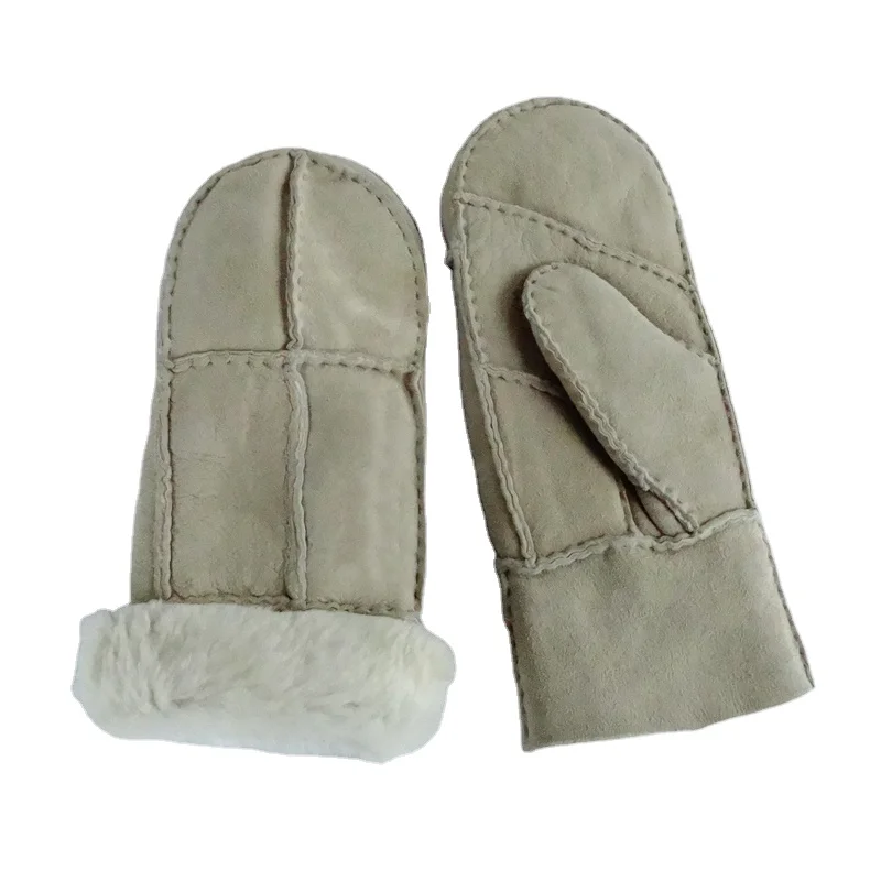 

Wholesale big discount woman mittens lambskin fur gloves hand-sewing sheepskin lined shearling women's mitten gloves